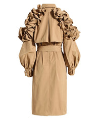 Luxury Designer Long Duster Coat Ruffle Shoulder Belted Statement Outerwear