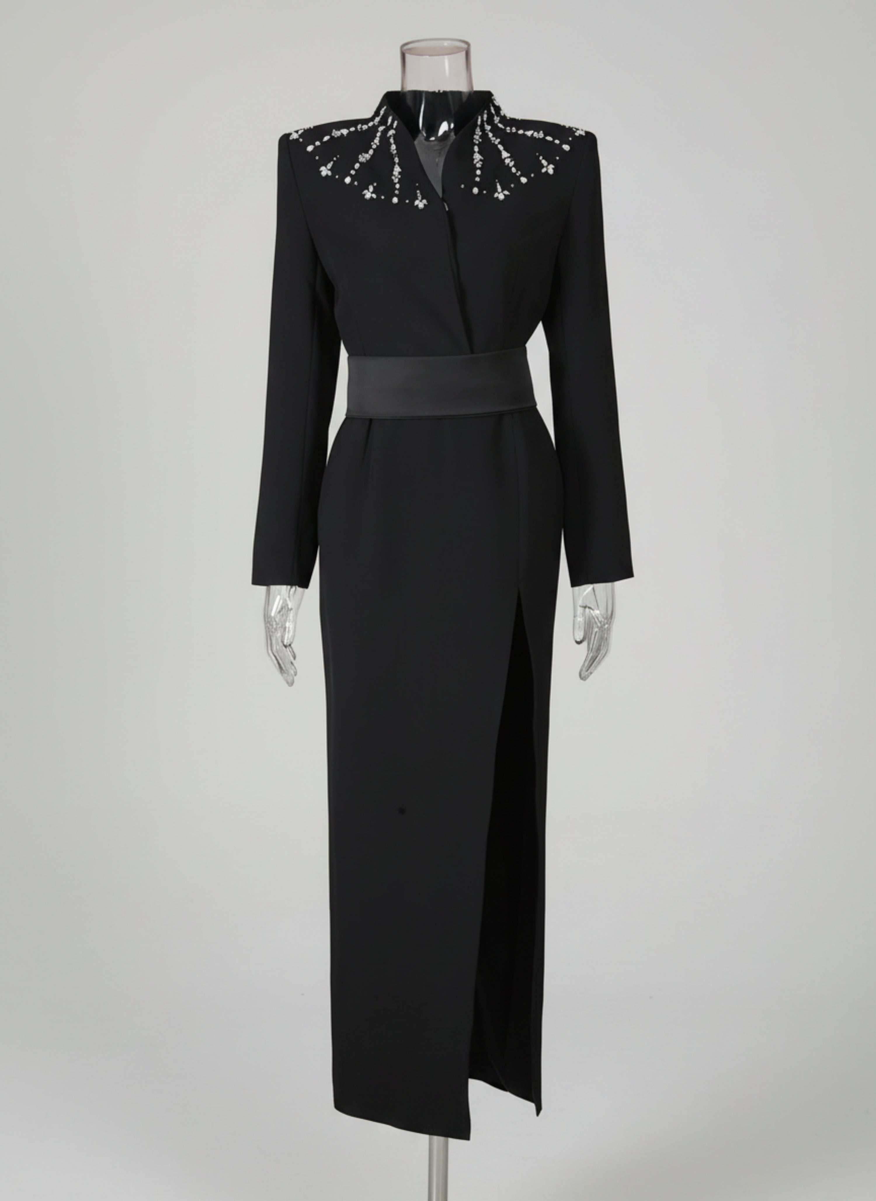 Luxury Designer Maxi Dress – Embellished High Neck & Side Slit