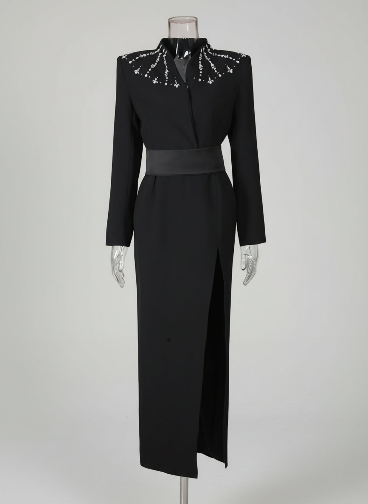 Luxury Designer Maxi Dress – Embellished High Neck & Side Slit