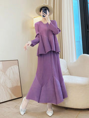 Luxury Designer Modern Japanese Pleated Skirt Set Geometric Flowing Maxi