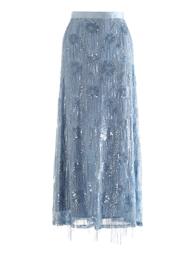Luxury Designer Tiered Sequin Maxi Skirt - Fringe High-Waist Formal