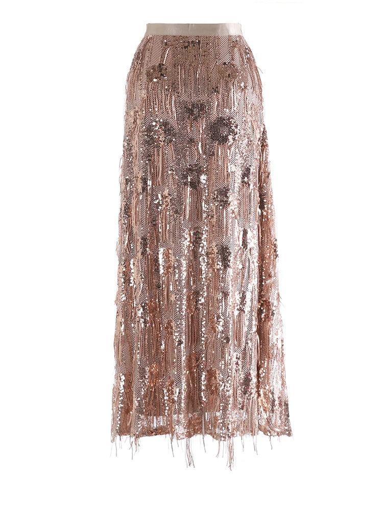 Luxury Designer Tiered Sequin Maxi Skirt - Fringe High-Waist Formal Event