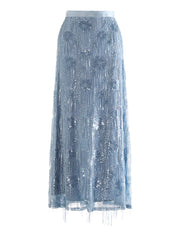Luxury Designer Tiered Sequin Maxi Skirt - Fringe High-Waist Formal