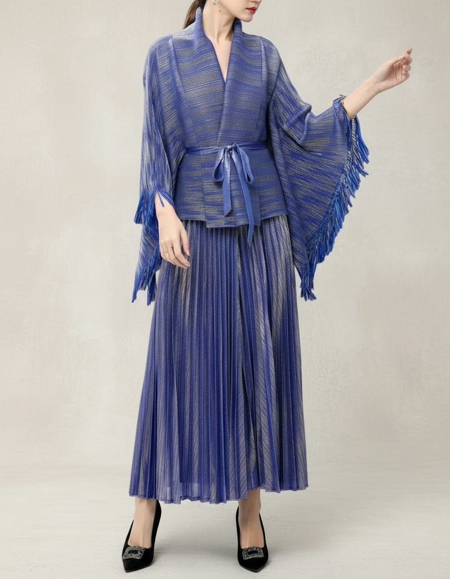 Luxury Designer Two-Piece – Pleated Plissé Cape with Maxi Skirt