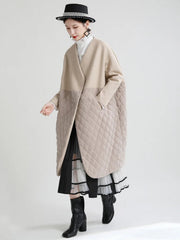 Luxury Designer Two-Tone Panel Overcoat Beige Cotton Blend Diamond Quilted Long Cocoon Coat