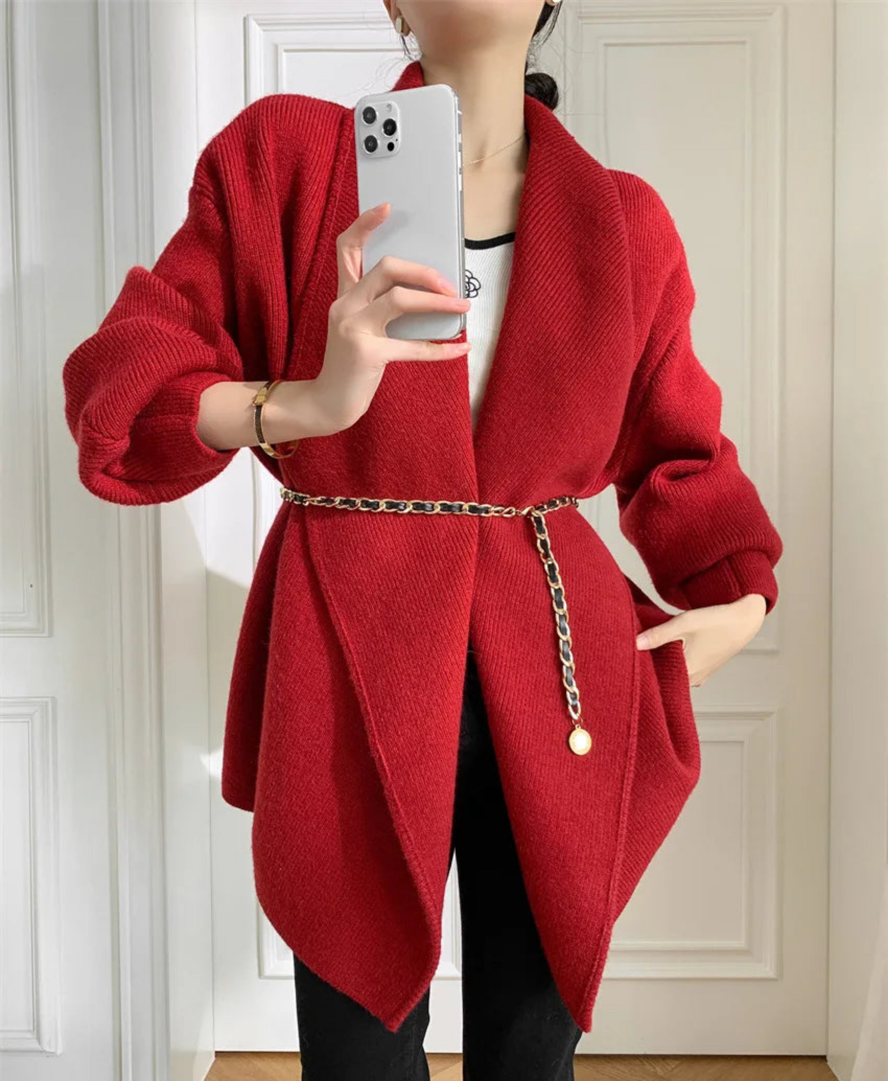 Luxury Double-Knit Balloon-Sleeve Sweater Coat