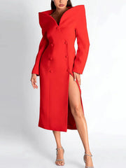 Luxury Double Breasted Midi Dress with High Collar Slit Design