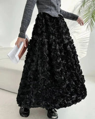 Luxury Floral Appliqué Midi Skirt – High-Waist Designer A-Line
