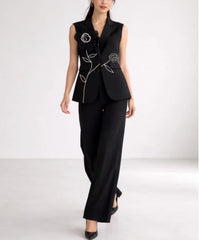 Luxury Floral Embellished Suit Set Women – Sleeveless Blazer Vest and Flared Trousers – Designer Tailored Two Piece Pants Set
