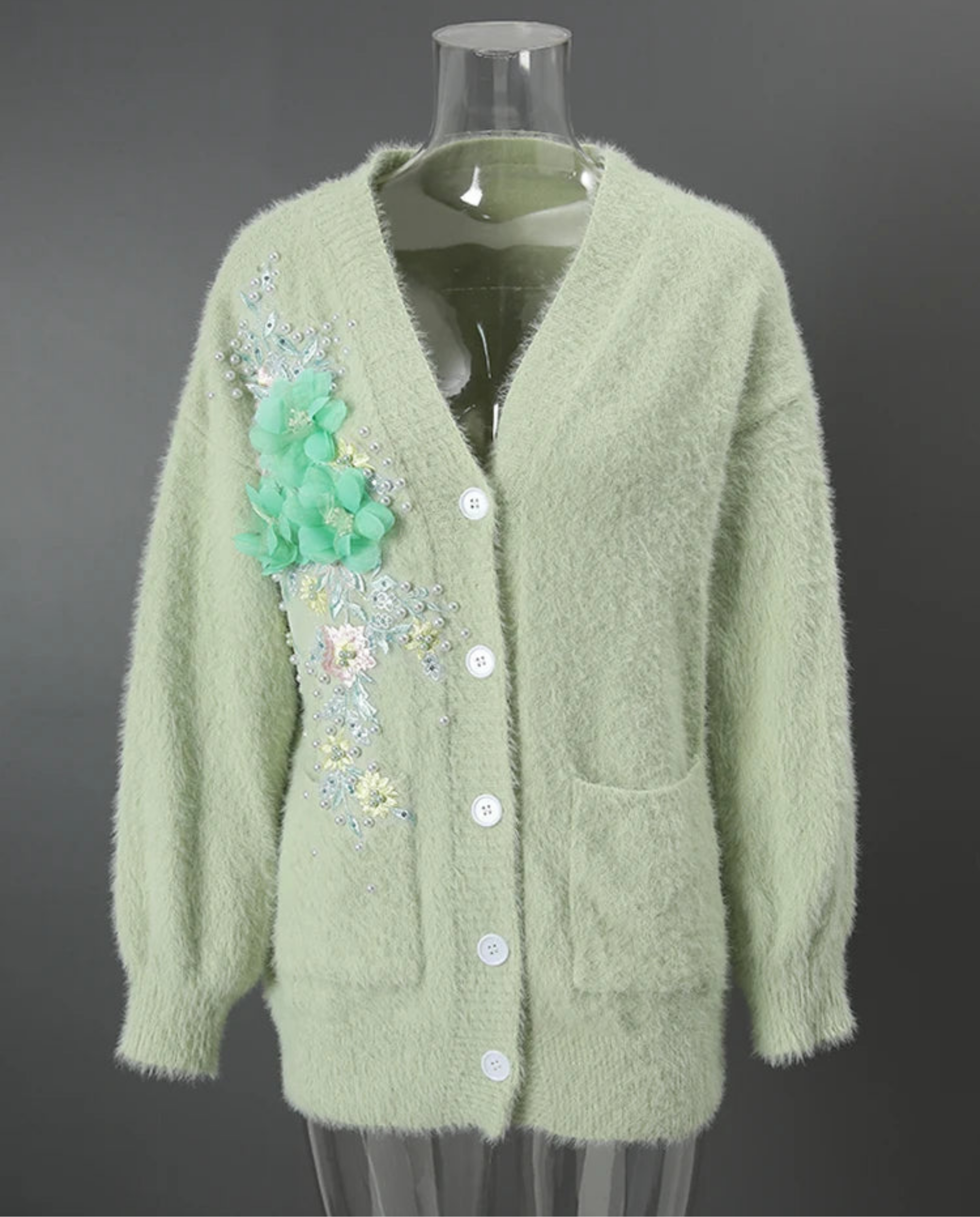 Luxury Floral Knit Cardigan with Statement Embellishments – Designer Women’s Sweater – Professional & Evening Wear