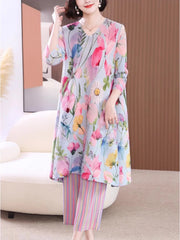 Luxury Floral Pleated Tunic & Striped Wide-Leg Pants Set HEYFANCYSTYLE