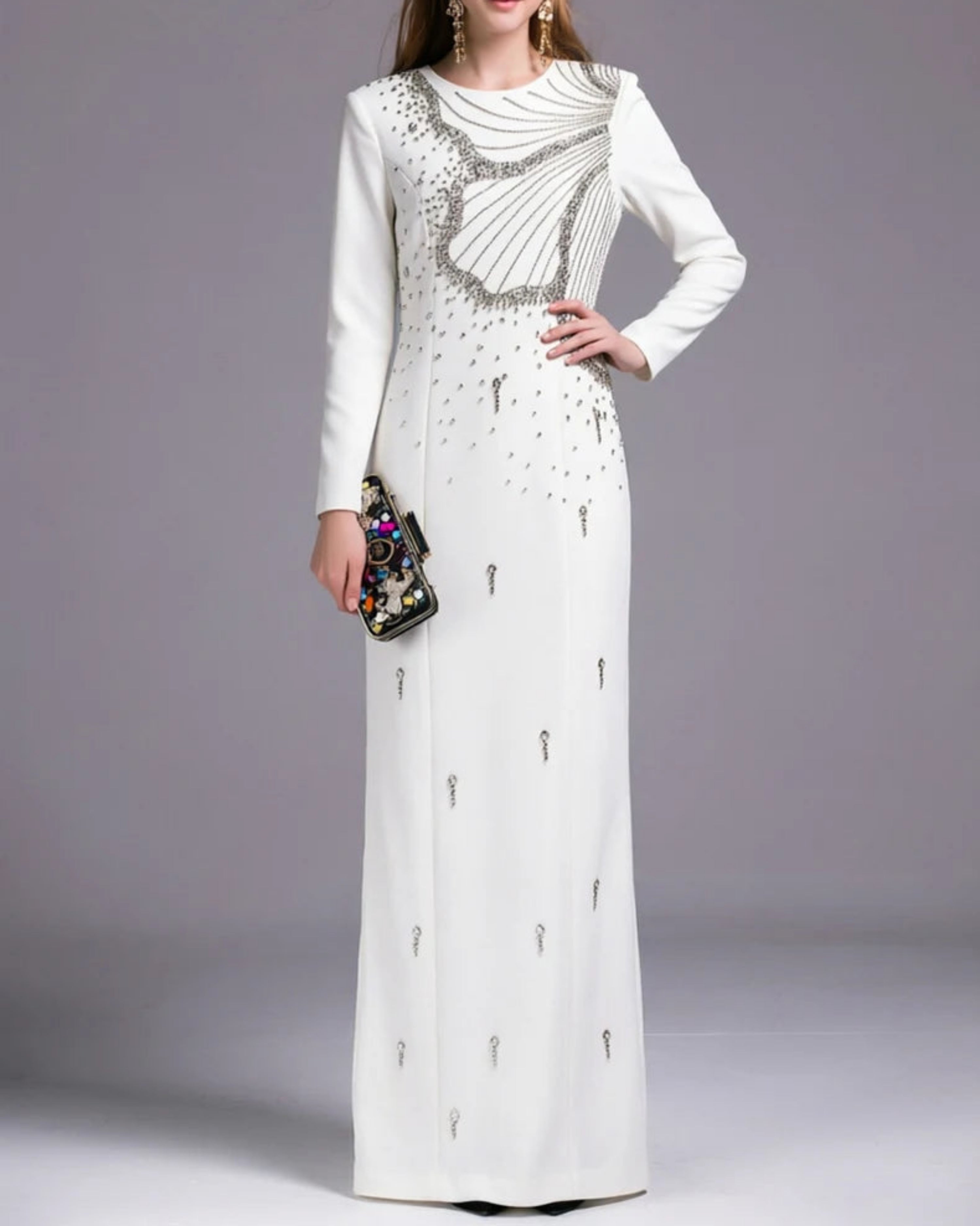 Luxury Formal High Neck Gown Women – Long Sleeve Modest Maxi Dress – Formal Gala Dress – Rhinestone Embellished Evening Gown