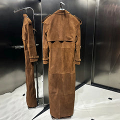 Luxury Genuine Suede Leather Full Length Long Trench Coat for Women - Back