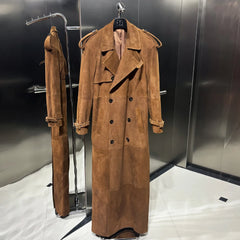 Luxury Genuine Suede Leather Full Length Long Trench Coat for Women