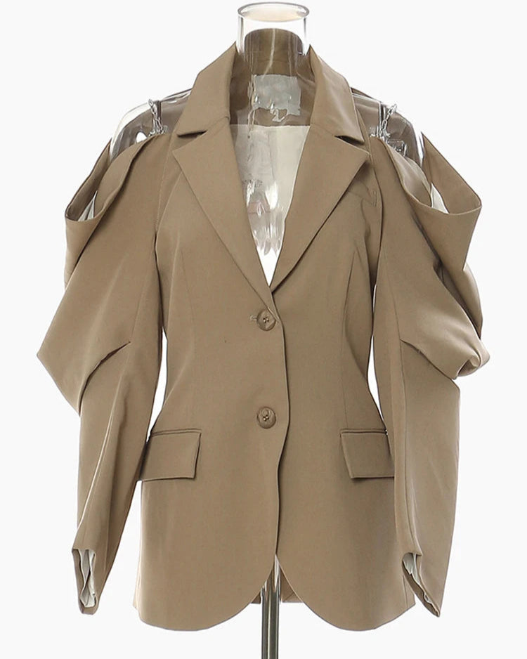 Luxury High-End Khaki Structured Open Shoulder Blazer Couture Workwear