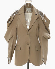 Luxury High-End Khaki Structured Open Shoulder Blazer Couture Workwear