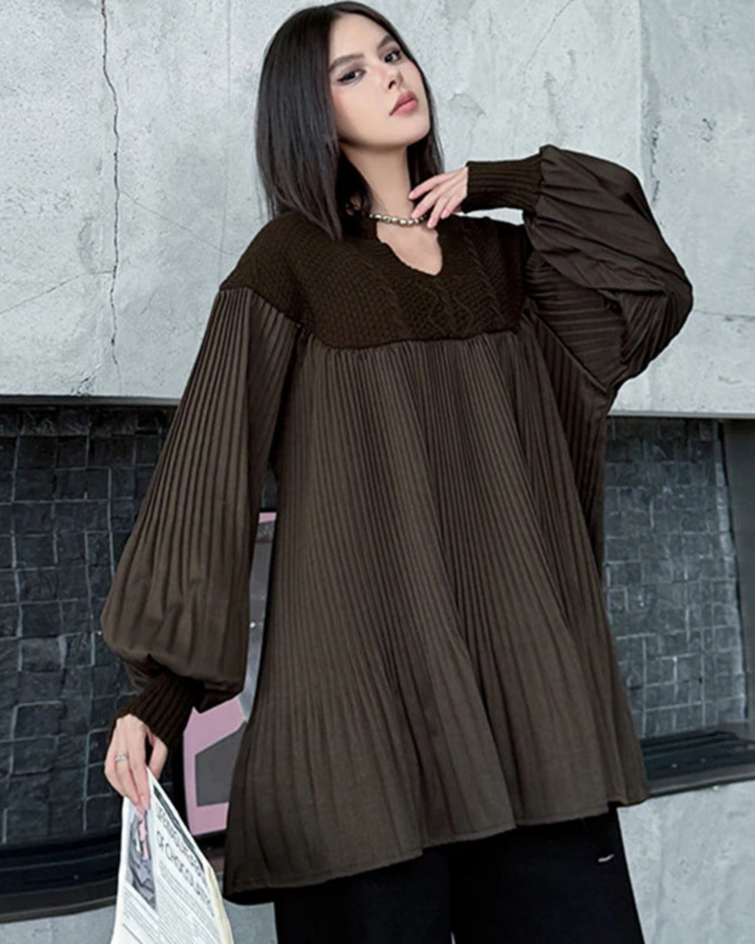 Luxury Japanese Pleated Lantern Sleeve Sweater Top – Designer Knitwear | HEYFANCYSTYLE