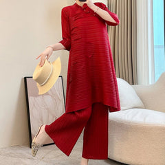 Luxury Japanese Pleated Matching Set - Structured Crepe, Elastic Waist Trousers