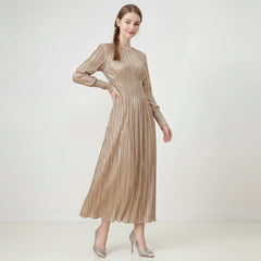 Luxury Japanese Pleated Metallic Midi Dress Long Sleeves