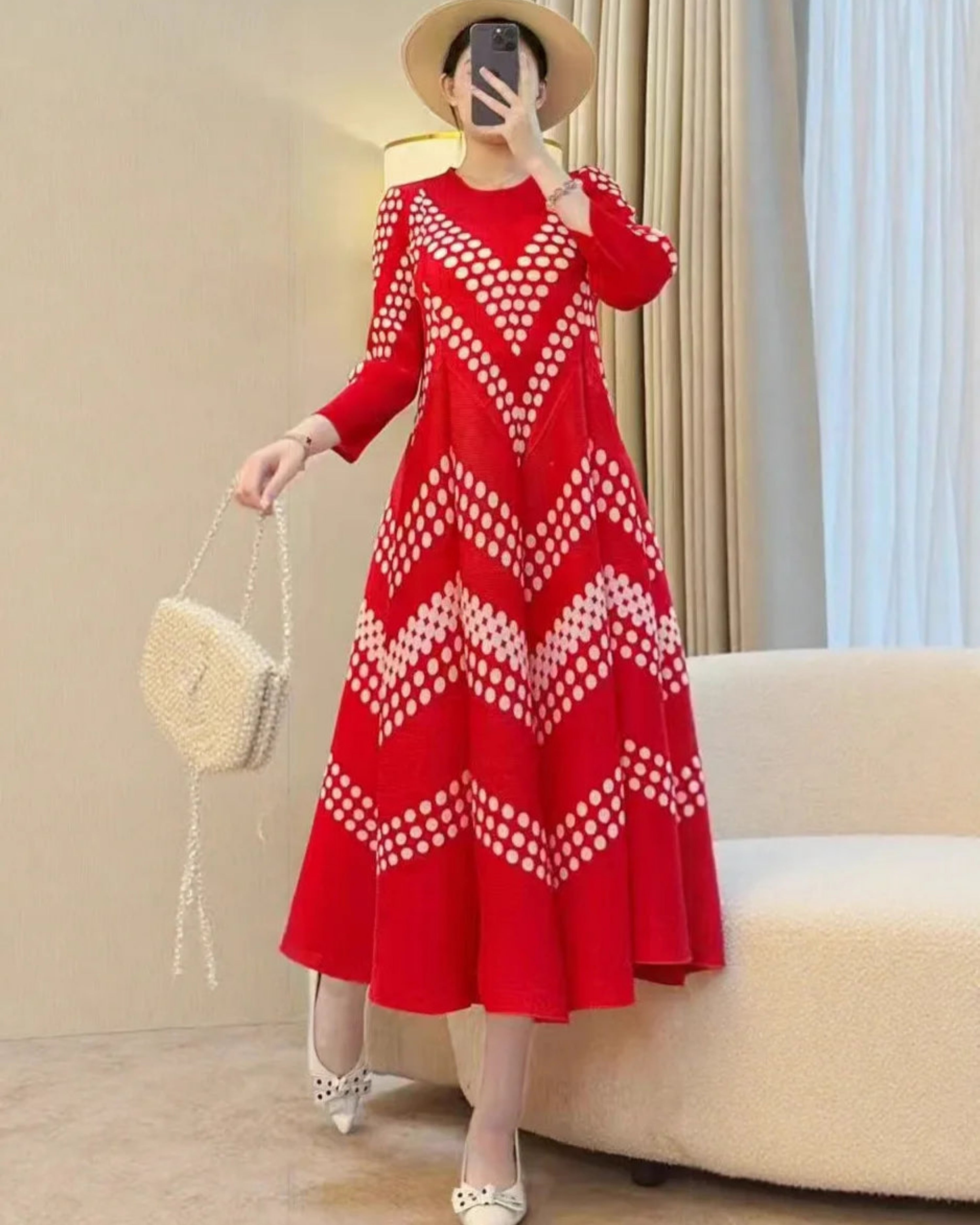 Luxury Japanese Pleated Midi Dress – Long Sleeve A-Line Silhouette