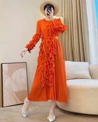 Luxury Japanese Pleated Ruffle Colorful Midi Dress