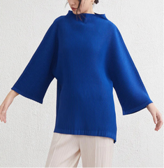 Luxury Japanese Pleated Tunic – High-Neck Relaxed Designer Top