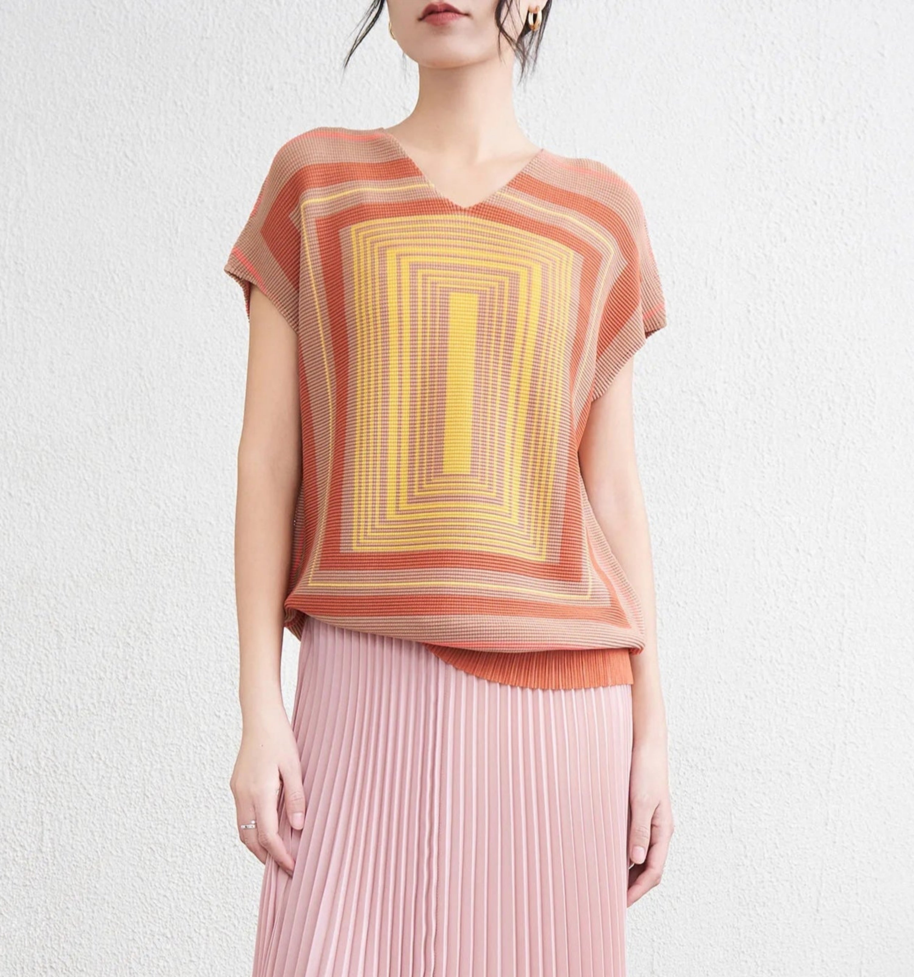 Luxury Japanese Pleats Plissé V-Neck Geometric Blouse Top