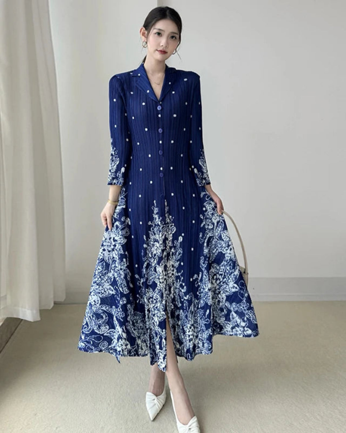 Luxury Japanese Plissé  3/4 Sleeve Midi Dress