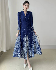 Luxury Japanese Plissé  3/4 Sleeve Midi Dress