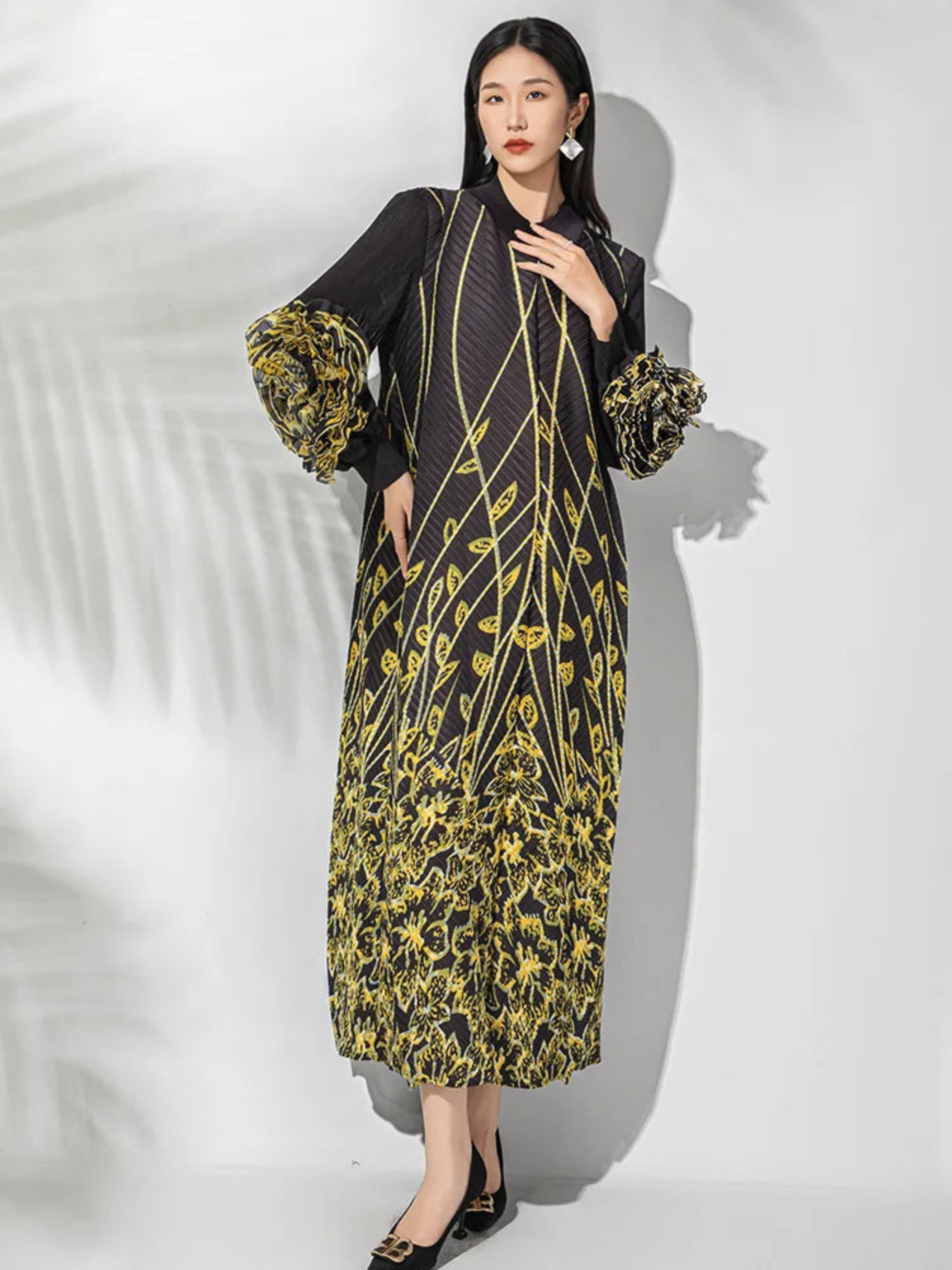 Luxury Japanese Plissé Floral Cuff Pleated Midi Dress