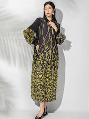 Luxury Japanese Plissé Floral Cuff Pleated Midi Dress