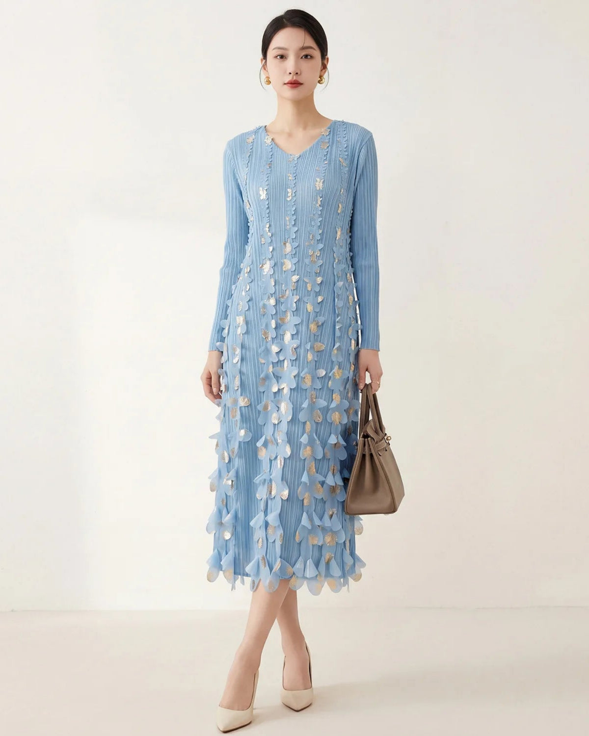 Luxury Japanese Plissé Midi Dress | Long Sleeve Metallic Floral Detailing