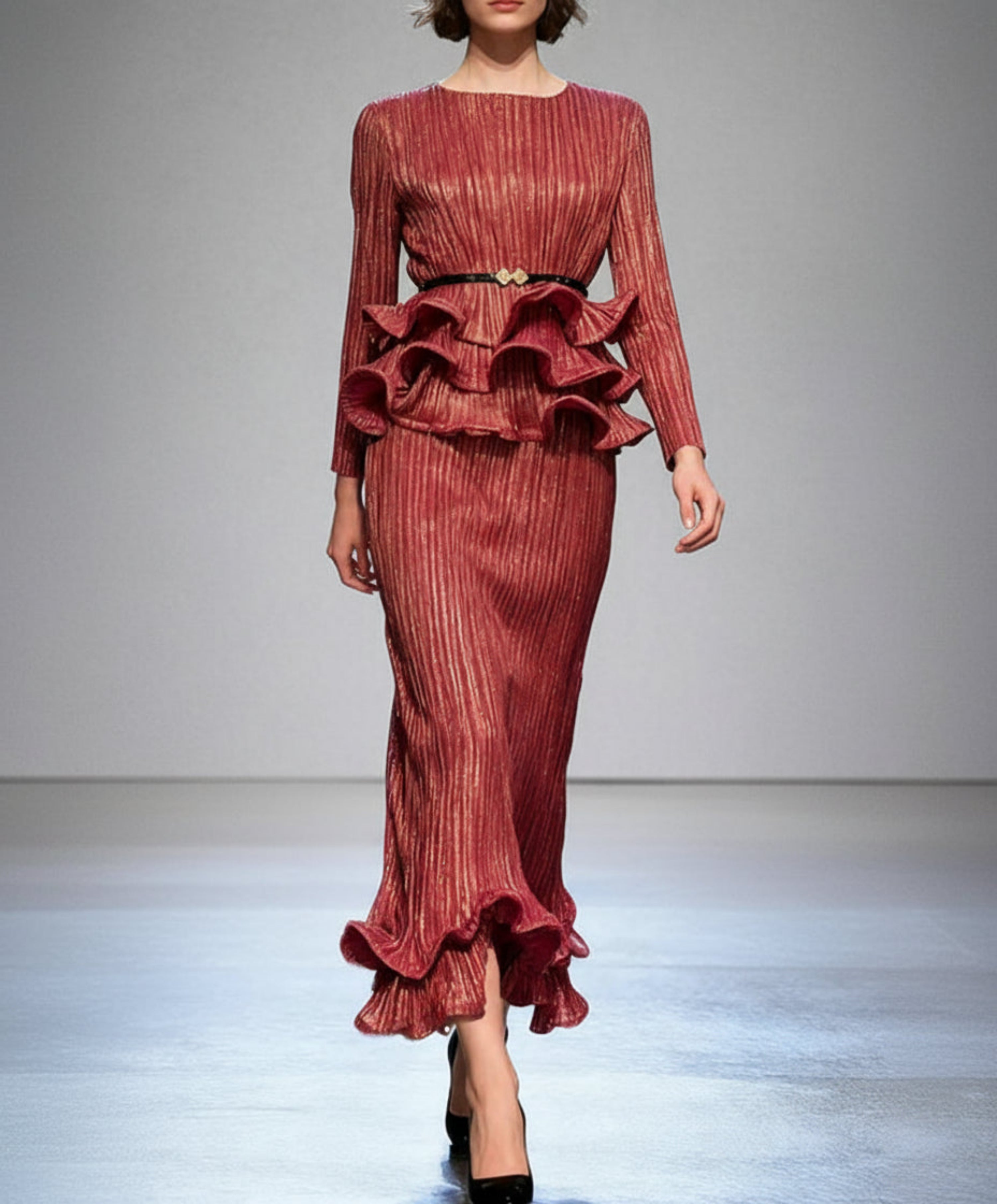 Luxury Japanese Plissé Pleated Peplum Ruffle Midi Skirt Set