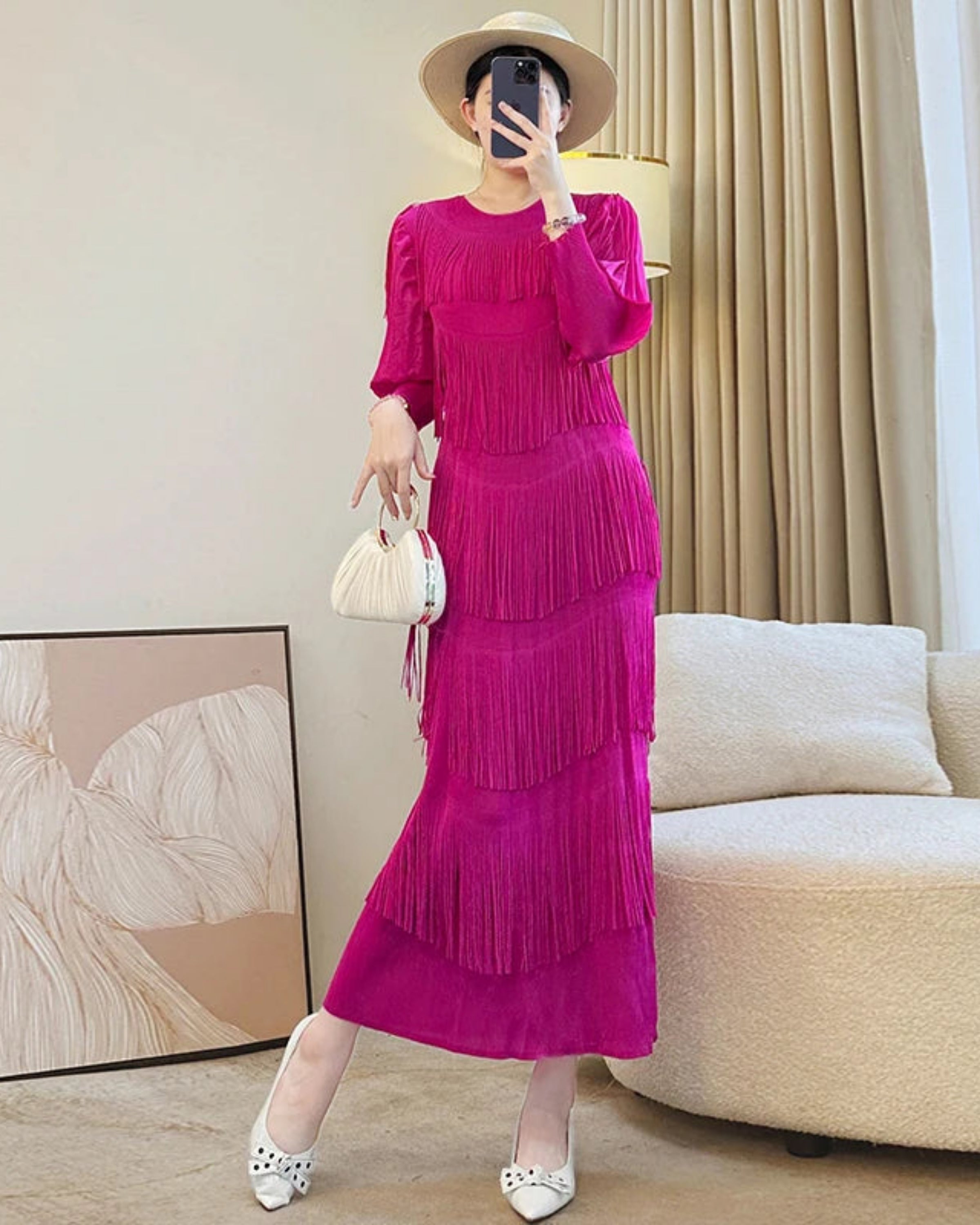 Luxury Japanese Plissé Pleats Midi Dress – Multi-Tiered Flowing Tassels for Travel & Formal