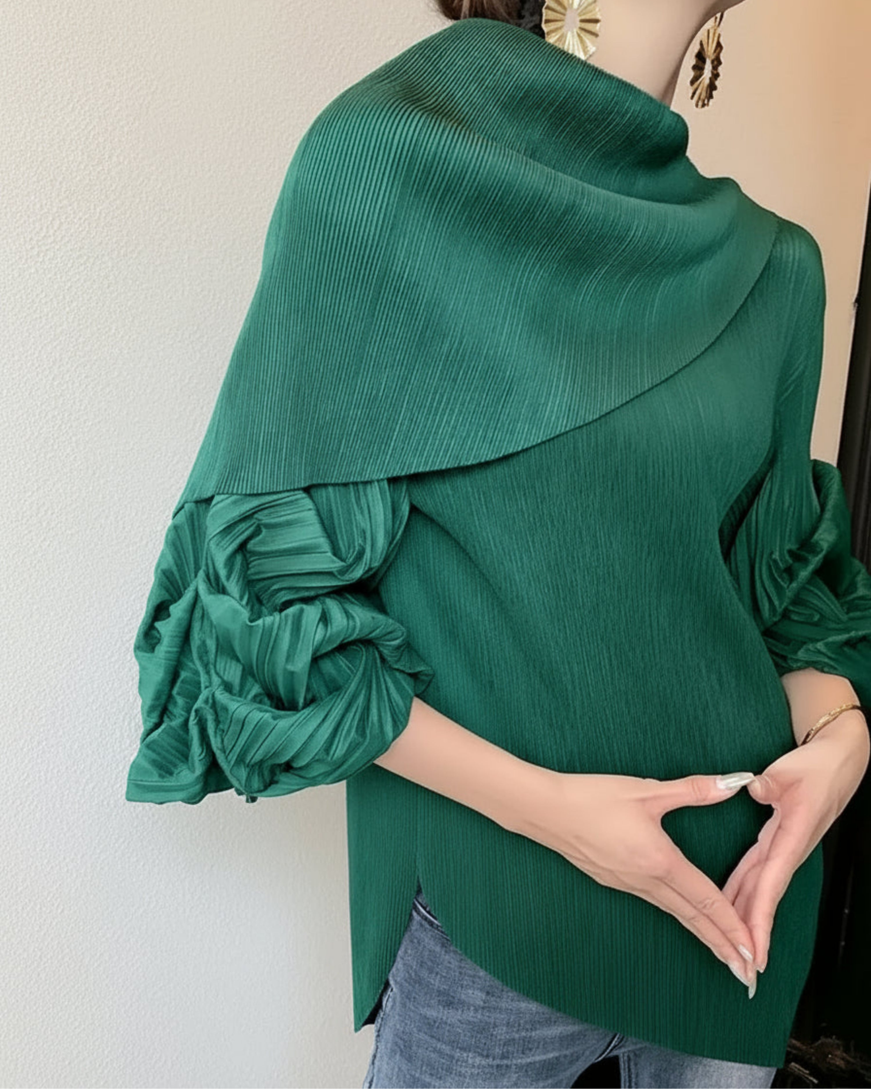 Luxury Japanese Plissé Top – Draped Neck and Pleated Puff Sleeves