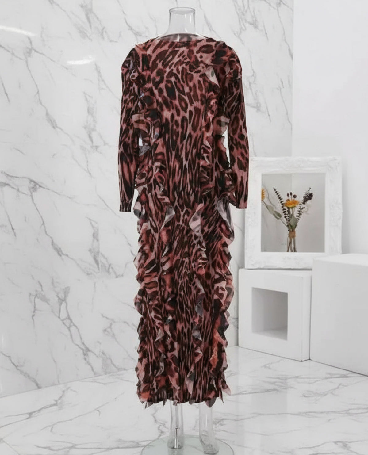 Luxury Leopard Pleated Maxi Dress — Japanese Plissé Texture