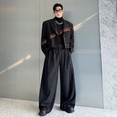 Luxury Men's Cropped Blazer & Wide Leg Suit HEYFANCYSTYLE BLACK