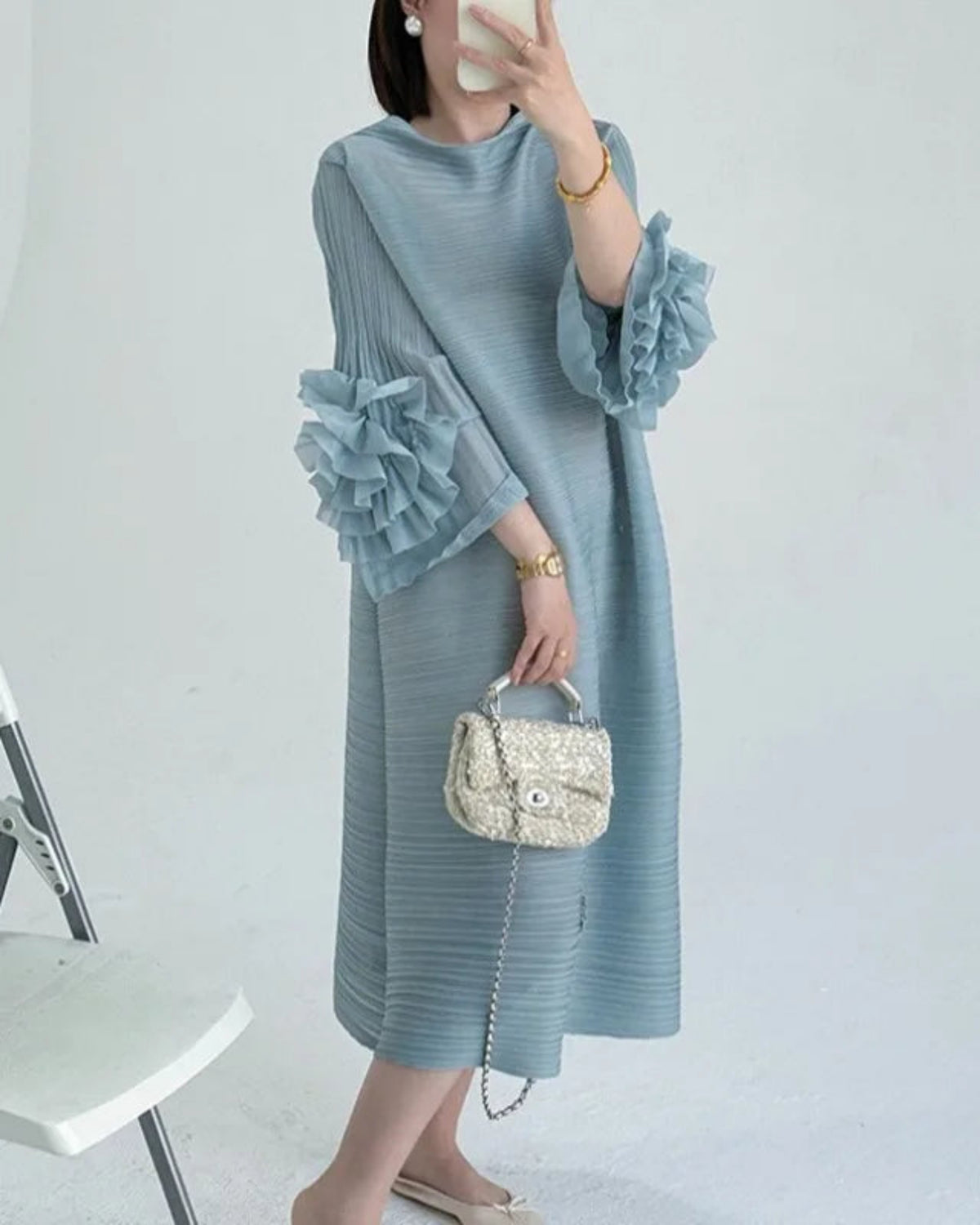 Luxe Floral-Sleeve Pleated Dress