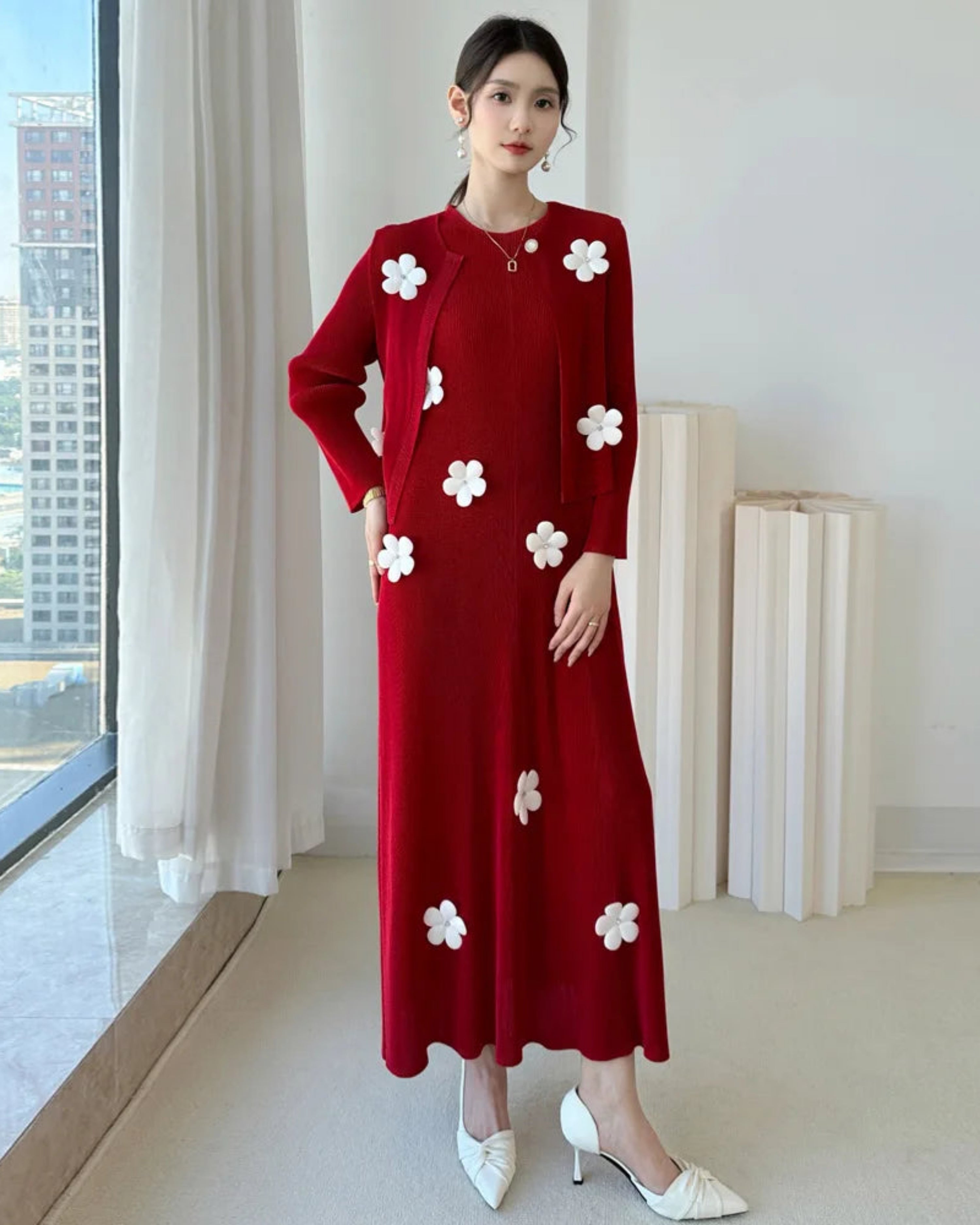 Luxury Micro-Pleated Plissé Japanese Dress and Cardigan Set