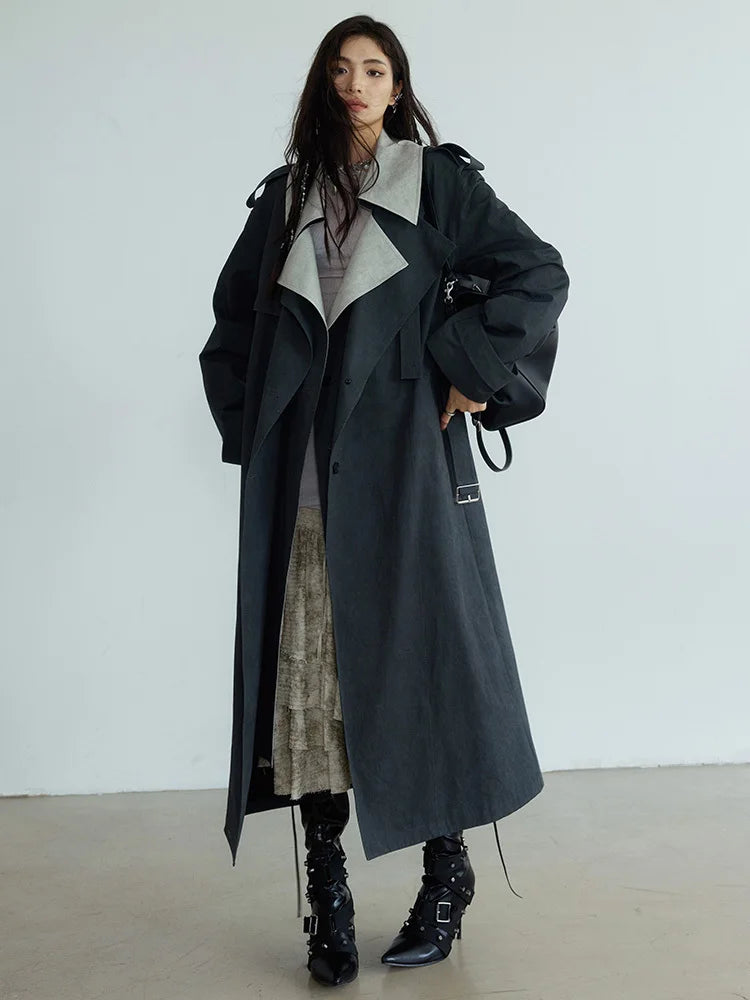 Luxury Oversized Trench Coat Two-Tone Contrast Collar Long Storm Flap Outerwear