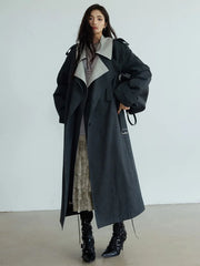 Luxury Oversized Trench Coat Two-Tone Contrast Collar Long Storm Flap Outerwear