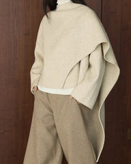 Luxury Oversized Wool-Blend Wrap Coat | Draped Woolen Cape Silhouette | Cashmere & Alpaca | Cascading Asymmetrical Collar | Chic Winter Coat