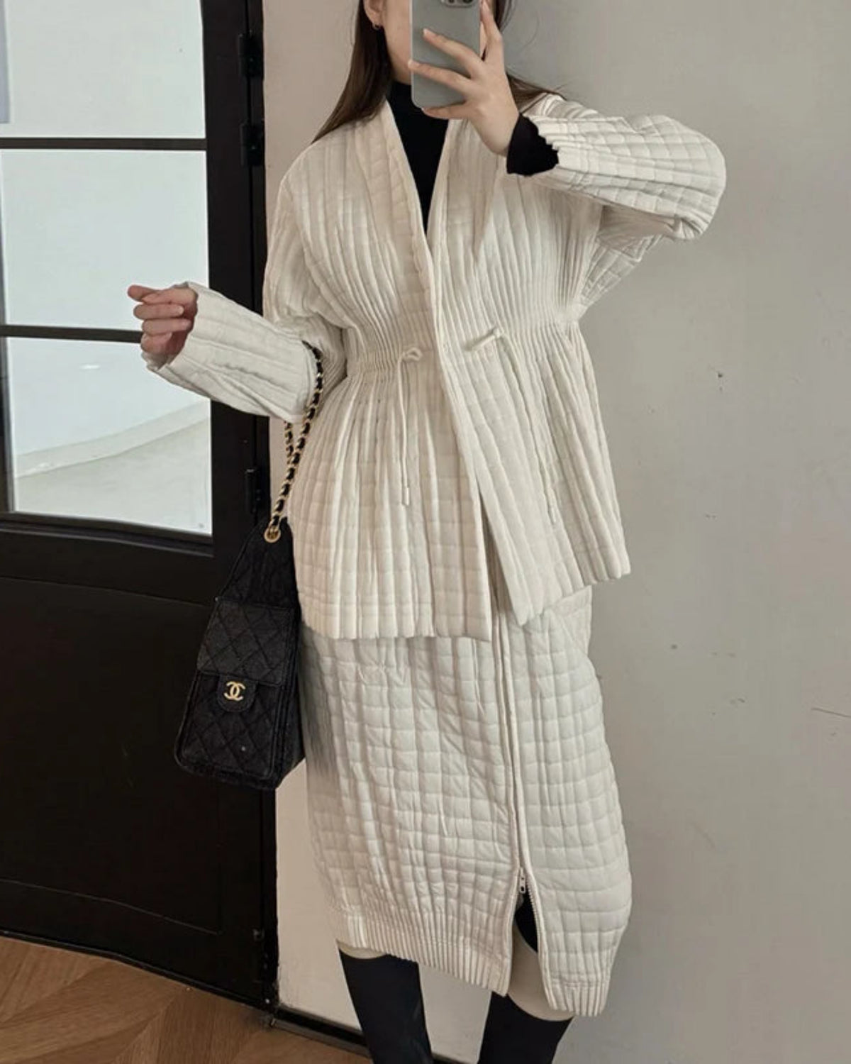 Luxury Padded Pleated Quilted Jacket and Skirt