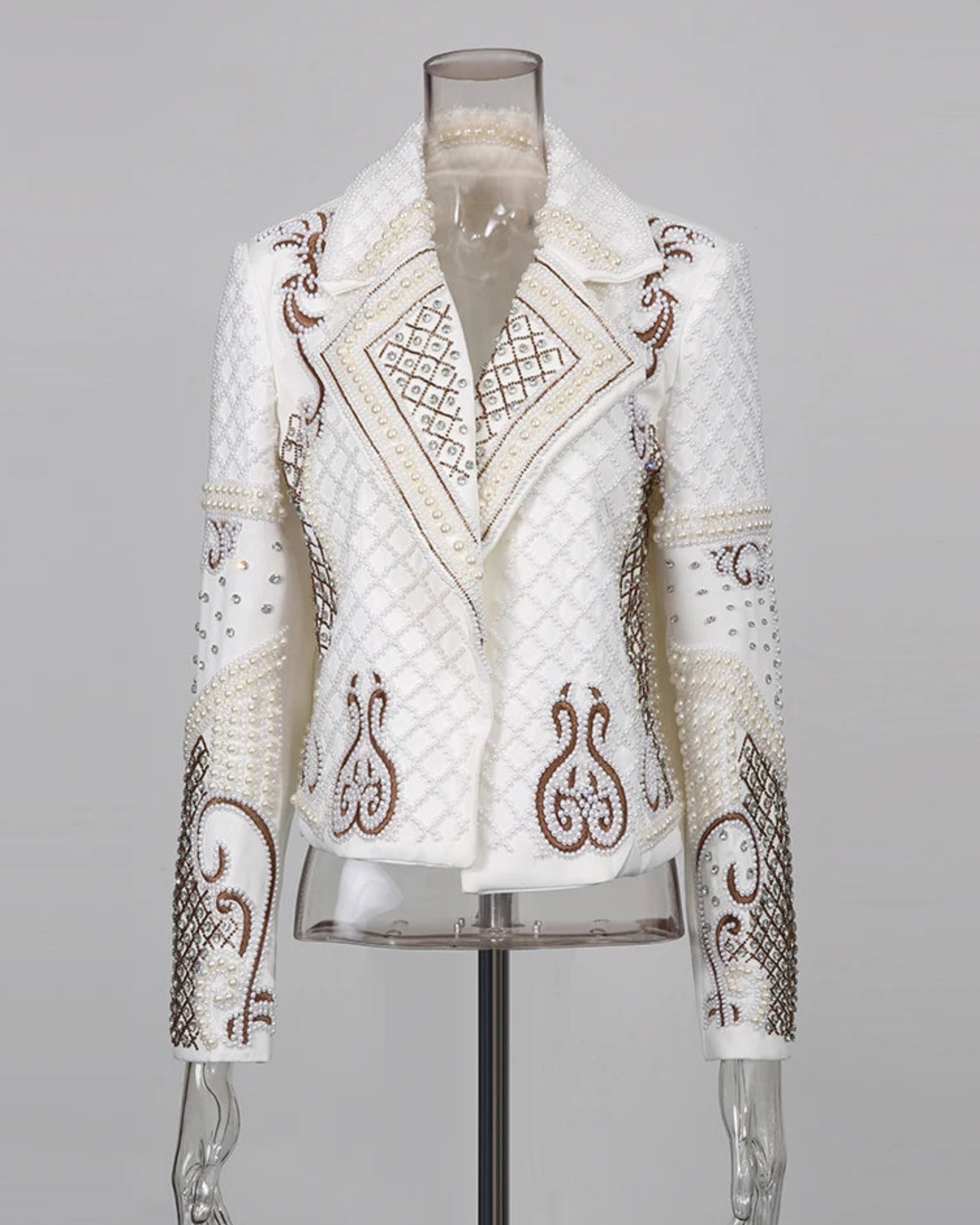 Luxury Pearl Embellished Cropped Blazer – Designer Beaded Evening Jacket