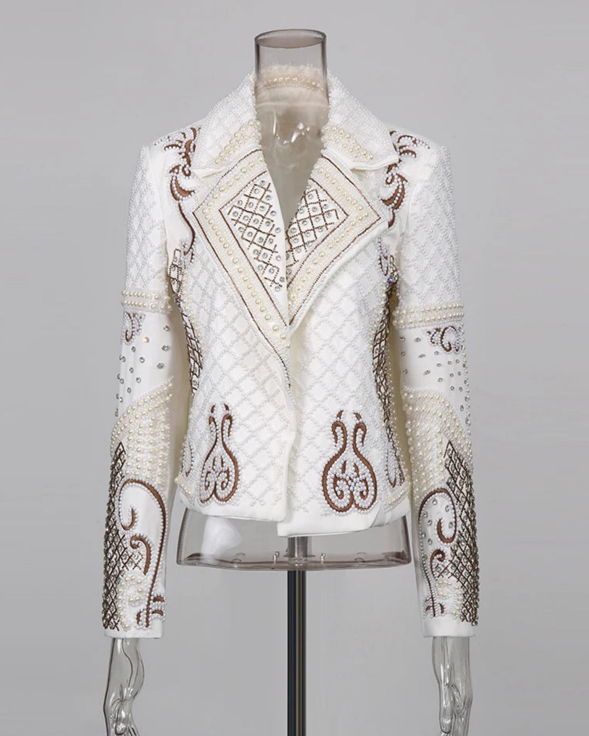 Luxury Pearl Embellished Cropped Blazer – Designer Beaded Evening Jacket