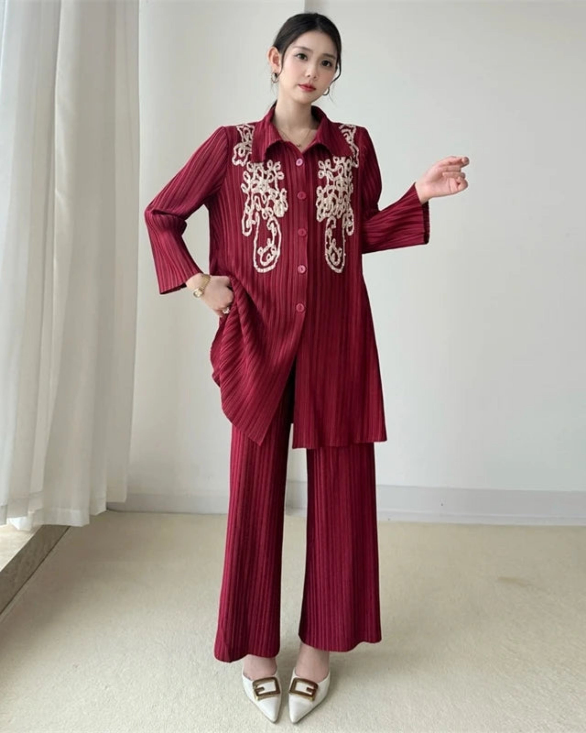 Luxury Petite Japanese Pleated Set | Wrinkle-Resistant Tunic & Pants