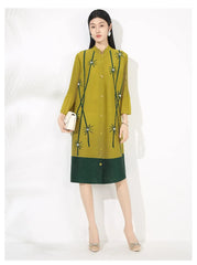 Luxury Pleated Blouse Dress with Accordion Sleeves and Unique Print