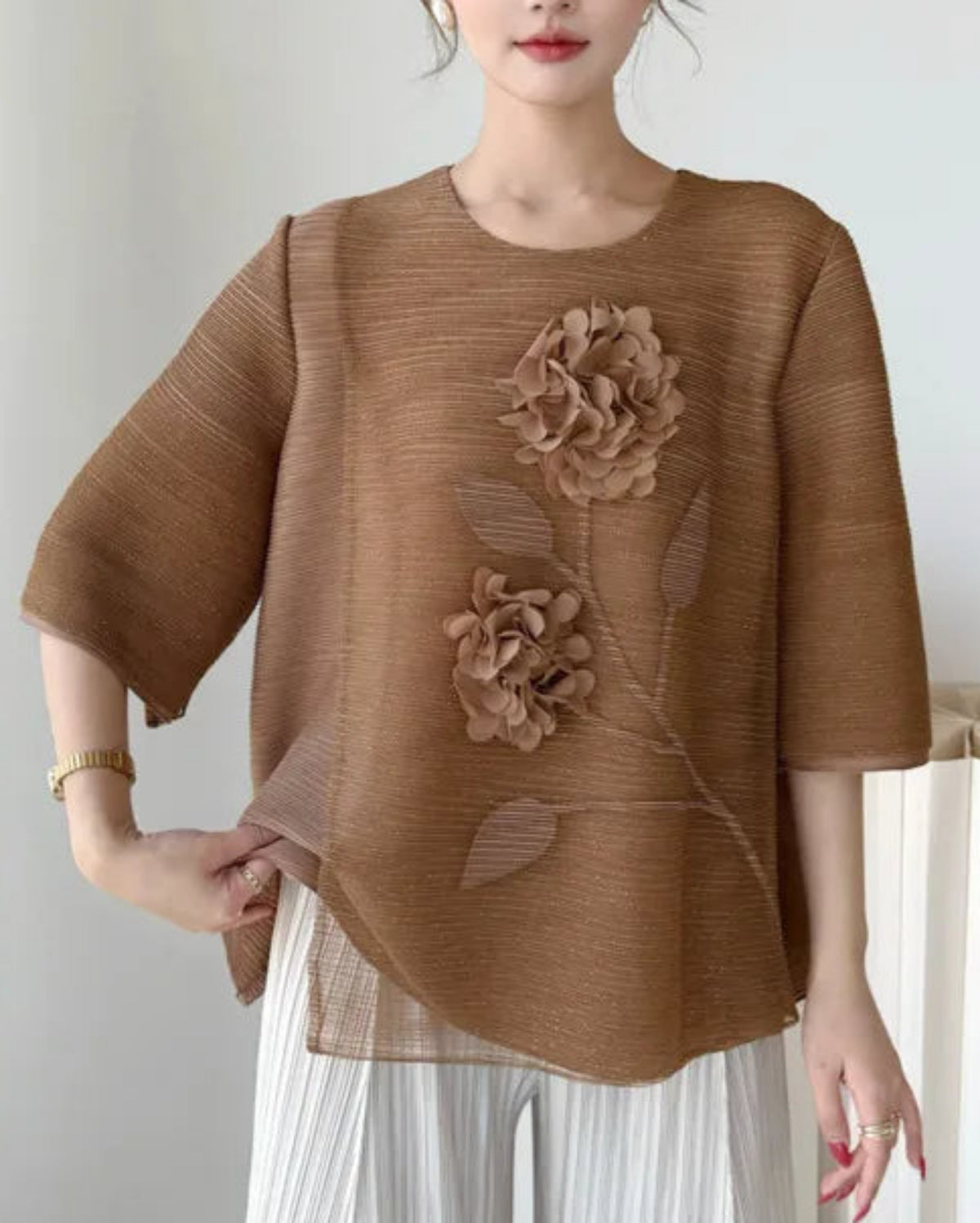 Luxury Pleated Blouse Dressy Travel Top (Petite-Friendly)