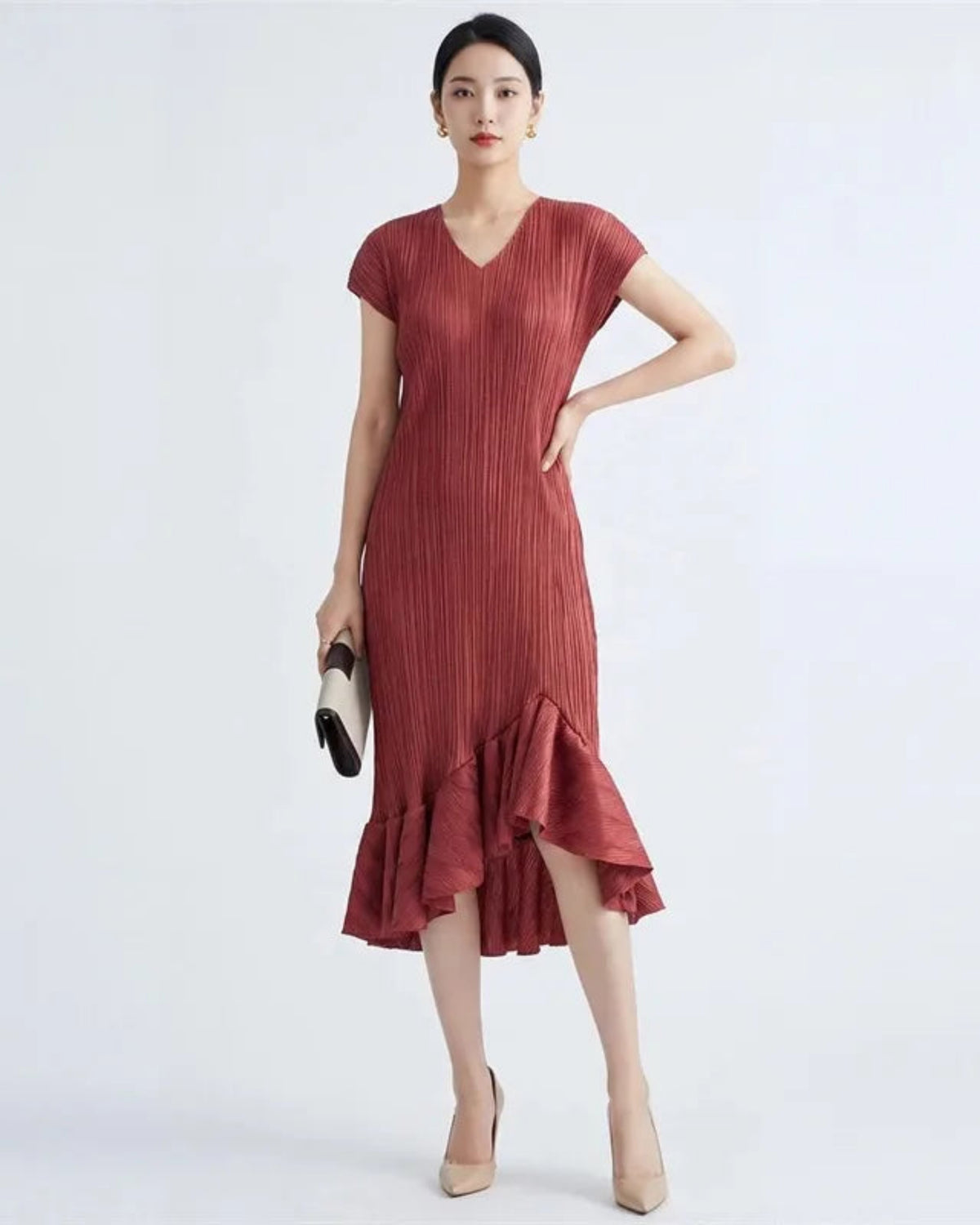 Luxury Pleated Japanese-Designer Asymmetric Midi Dress