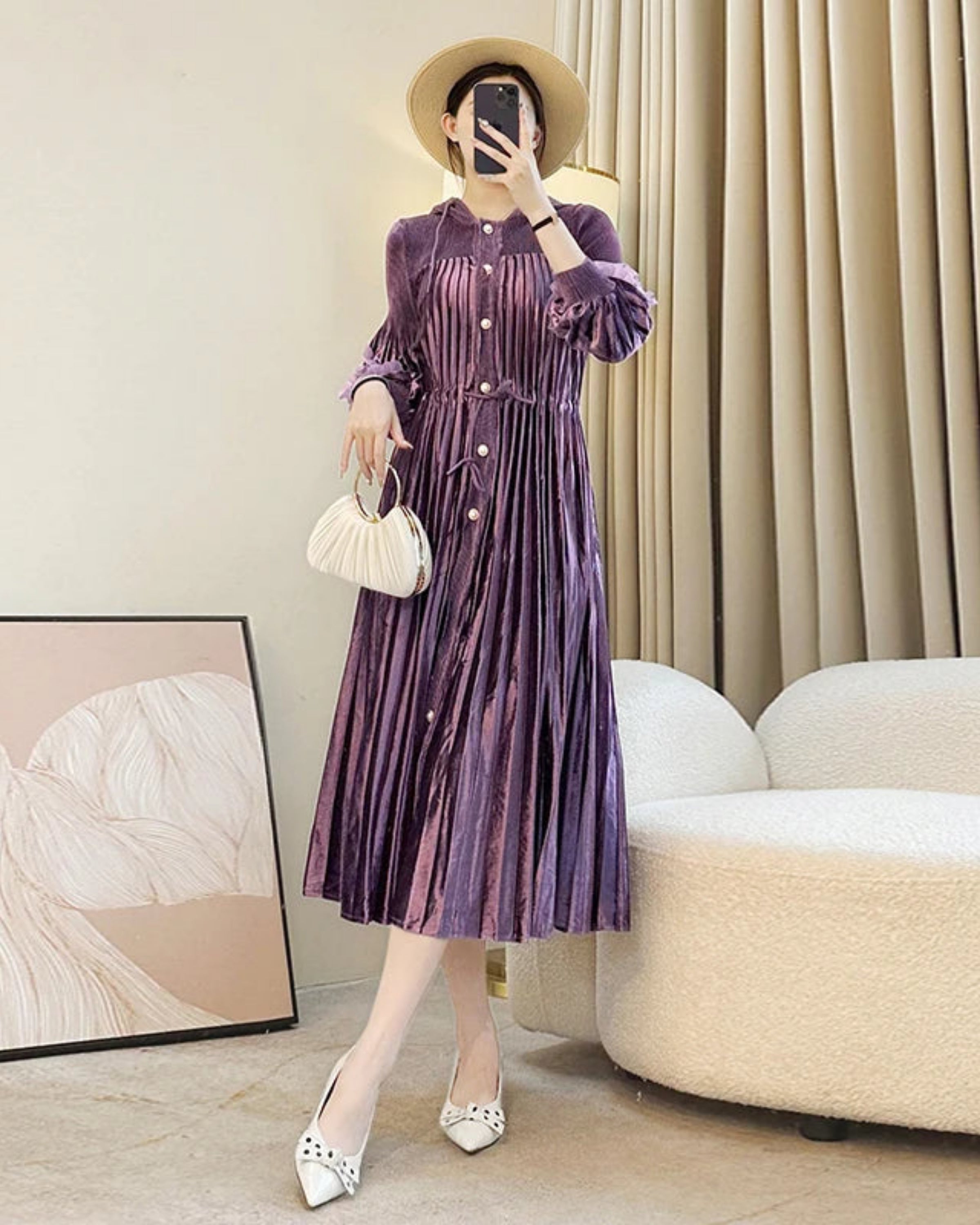 Luxury Pleated Lantern Sleeve Midi Dress – Designer Women’s Dress